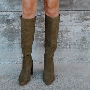 NEW Givana Knee High Olive Green Suede Block Heel Boots